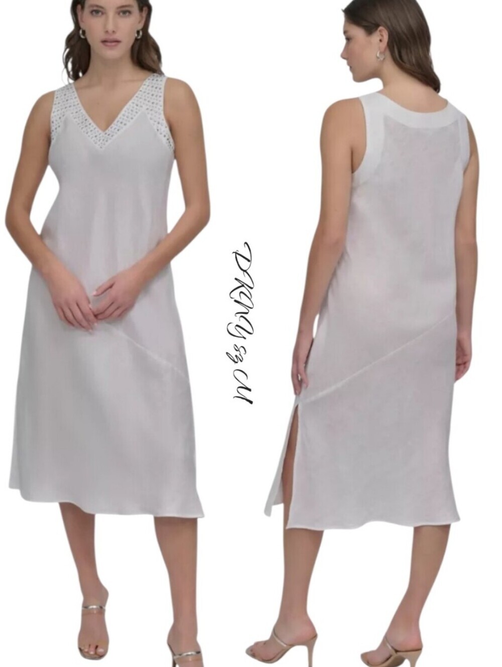 DKNY White Linen V-Neck Midi Dress Sleeveless Asymmetric Stud Detail M NWT